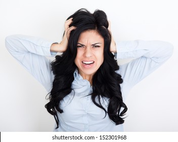 Frustrated Woman Cry Mouth Open Angry Scream Hold Hands Head Upset, Concept Of Young Girl Pain, Stress And Problems, Female Depressed 