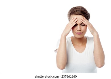 Frustrated Woman Holding Her Head, Painful.