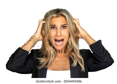 Frustrated woman photographed against a white background
