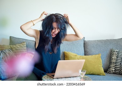 Frustrated Woman Pulling Her Hair In Front Of The Computer. Work At Home.