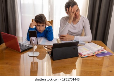 Frustrated Young Mother Teaching Kid At Home, Remote School Education, Mother Helping Her Son To Do Homework, Stress,