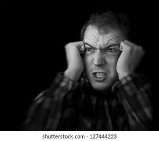 Frustration, Angry Man With Fists On Head And Grinding Teeth Black And White With Copy Space