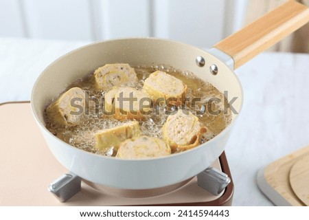 Frying Chicken Egg Roll in Hot Oil using White Pan, Cooking Backstage Step by Step in the Kitchen 