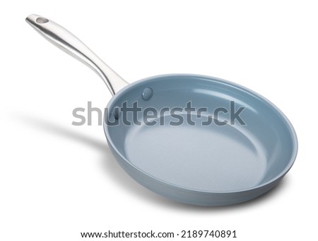 Frying pan. Ceramic Nonstick with stainless steel handle. Fry pan for cooking. Gray ceramic coating. Free of PFAS, PFOA, lead and cadmium. White  isolated background. High quality and resolution photo