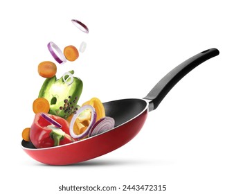 Frying pan with fresh ingredients in air on white background - Powered by Shutterstock