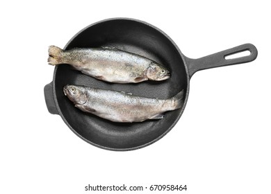 Frying Pan With Fresh Trout Fish On White Background