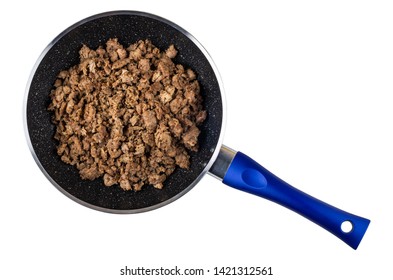 Frying Pan With Fried Chicken Mince, Isolated On White Background. Top View