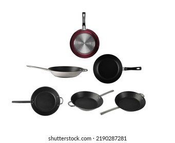 Frying Pan Isolated On White Background With Clipping Path. New Empty Non Stick Cookware Top View