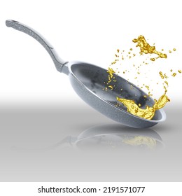 Frying Pan And Splashing Cooking Oil On White Background