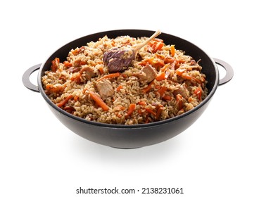 Frying Pan With Tasty Asian Pilaf On White Background