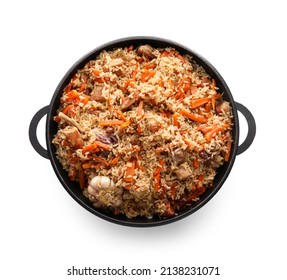 Frying Pan With Tasty Asian Pilaf On White Background