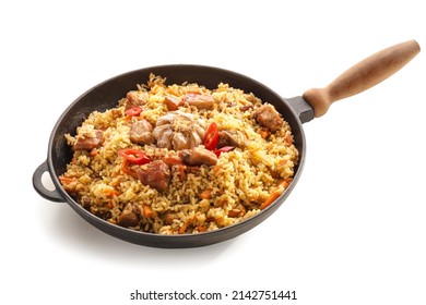 Frying Pan With Tasty Asian Pilaf On White Background