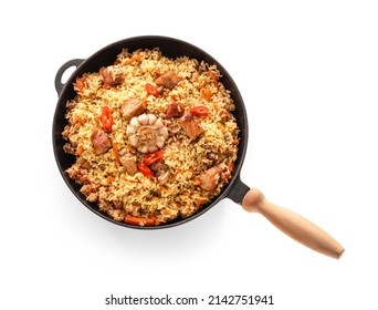 Frying Pan With Tasty Asian Pilaf On White Background