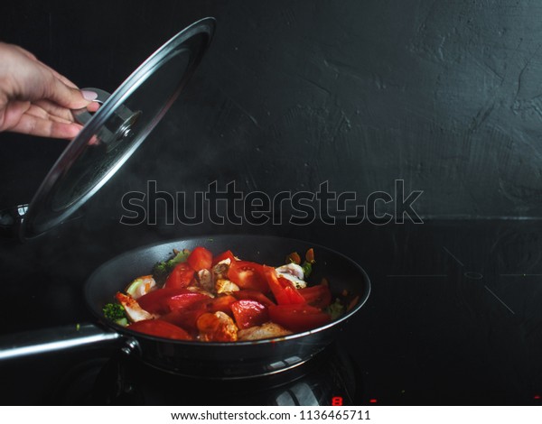 Frying Pan Vegetables Chicken Meat On Stock Photo Edit Now