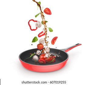 Frying pan with vegetables on a white background - Shutterstock ID 607019255