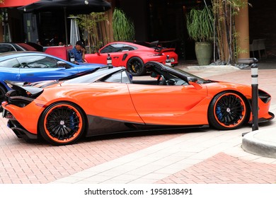 Ft Lauderdale FL March 30, 2021
Exotic Supercars Parked Valet At Upscale Restaurant In Downtown Ft.Lauderdale.