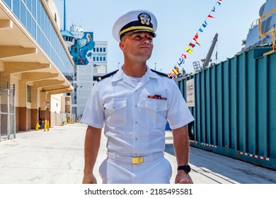 Ft. Lauderdale, Florida, USA - May 6, 2022 - U.S. United States Navy Officer And Gentleman Speaking Giving Tours Of A Battleship During Fleet Week At Port Everglades Near Miami Homestead Air Station