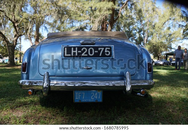 Ft. Myers,\
Florida/USA - March 1, 2020: A horizontal image of a vintage baby\
blue convertible Lagonda at an antique car show in southwest\
Florida.                          \
