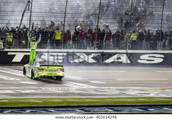 Ft. Worth, TX - Apr 10, 2016: Kyle Busch (18)\
wins the Duck Commander 500 at the Texas Motor Speedway in Ft.\
Worth, TX.\
\
\
