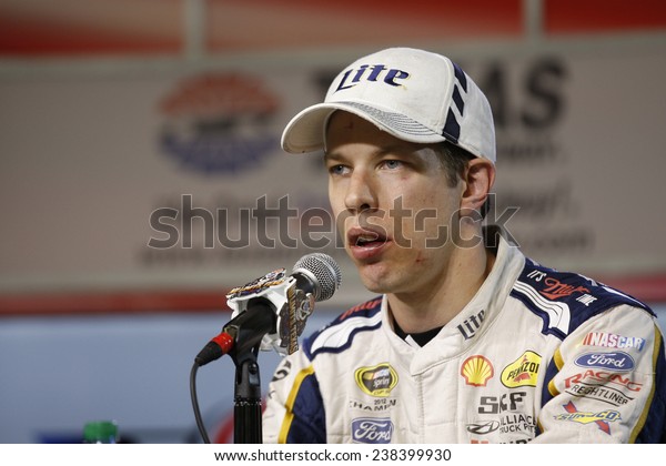 Ft. Worth, TX - Nov 02, 2014:  Brad Keselowski (2)\
speaks to the media after the AAA TEXAS 500 at Texas Motor Speedway\
in Ft. Worth, TX. 