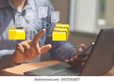  (FTP)  file transfer protocol and backup data, document management system, transfer file data between folders, exchange information and data with Internet cloud technology concept