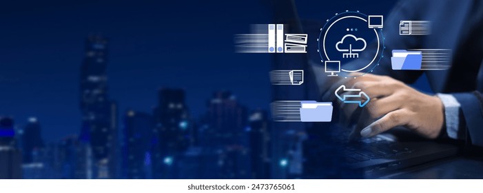  (FTP)  file transfer protocol and backup data, document management system, transfer file data between folders, exchange information and data with Internet cloud technology concept