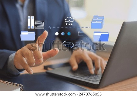  (FTP)  file transfer protocol and backup data, document management system, transfer file data between folders, exchange information and data with Internet cloud technology concept