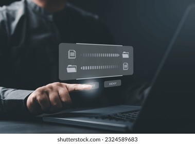 FTP - File Transfer Protocol, Files receiver, copy backup, and sharing. Exchange information, Businessman uses a laptop computer to work with file transfer data or documents on internet or network.