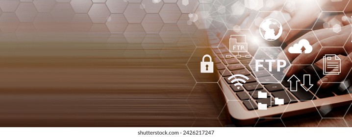    FTP (File Transfer Protocol), SecureFTP. Internet cloud technology, exchange information and data storage concept.                    