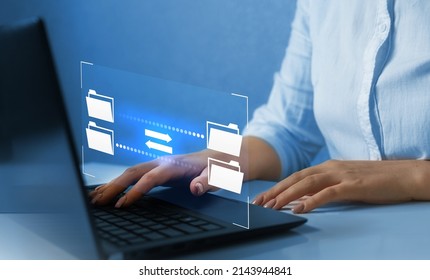 FTP(File Transfer Protocol) files receiver and computer backup copy. File sharing isometric. Digital system for transferring documents and files online.Data Transfer concept. - Shutterstock ID 2143944841