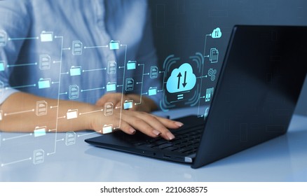 FTP(File Transfer Protocol) files receiver and computer backup copy. File sharing isometric. Exchange information and data with internet cloud technology. Digital system for transferring documents and - Shutterstock ID 2210638575