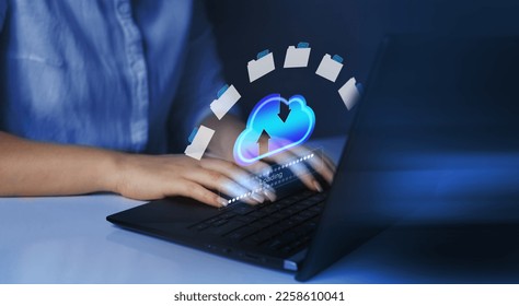 FTP(File Transfer Protocol) files receiver and computer backup copy. File sharing isometric. Exchange information and data with internet cloud technology.Digital system for transferring documents. - Shutterstock ID 2258610041