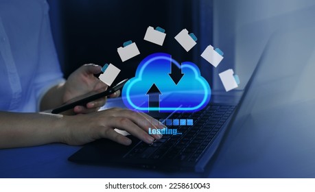 FTP(File Transfer Protocol) files receiver and computer backup copy. File sharing isometric. Exchange information and data with internet cloud technology.Digital system for transferring documents. - Shutterstock ID 2258610043