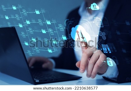 FTP(File Transfer Protocol) files receiver and computer backup copy. File sharing isometric. Exchange information and data with internet cloud technology. Digital system for transferring documents and