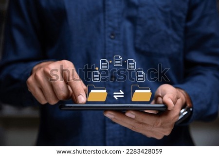 FTP(File Transfer Protocol) files receiver and backup copy. File sharing isometric. Exchange information, Hand of man holding phone with file transfer.