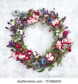 Fuchsia And Wildflower Floral Wreath In Purple And Pink