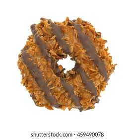 A Fudge With Coconut And Caramel Cookie Isolated On A White Background.