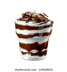 Fudge Sundae Chocolate And Vanilla  In Plastic Cup On White Background