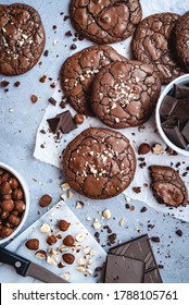 Fudgy Chocolate Brownie Cookies With Hazelnuts - Top View.