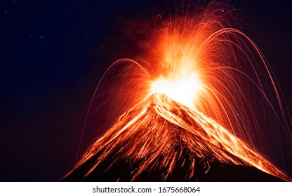 Fuego Volcano making eruption in the sunset
