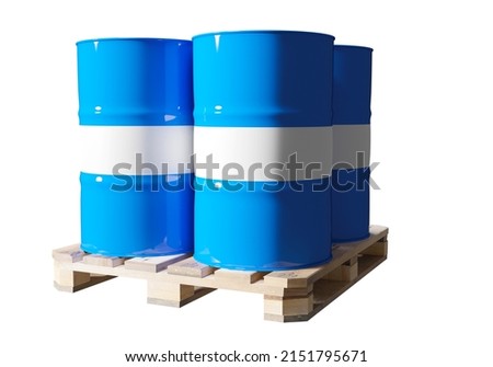 Fuel barrels. Fuel in blue plastic barrels. Containers with petrolium on wooden pallet. Concept of selling petrolium and diesel. Pallet with fuel isolated on white background. 