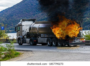Fuel carrier in flames. The truck carrying fuel caught fire while on the street. China, Shenzhen. October, 19, 2019