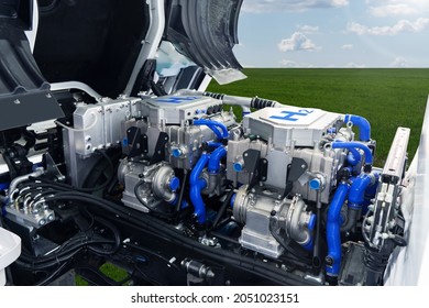 Fuel Cell Hydrogen Truck Engine. Eco-friendly Commercial Vehicle