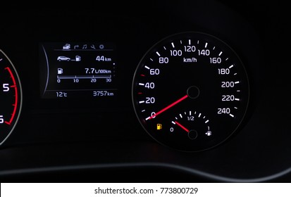 Fuel Consumption Theme. Empty Tank Indicator On Car Dashboard.