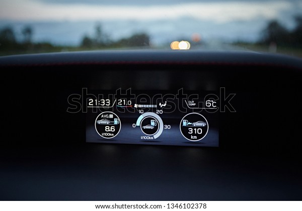 Fuel\
indicator in the car tank. Three charts show the remainder, the\
average consumption and how much you can\
drive