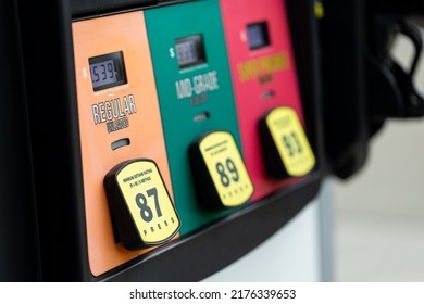 Fuel options at a gas pump at an American gas station fuel petrol oil - Shutterstock ID 2176339653
