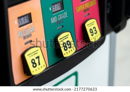 Fuel options at a gas pump at an American gas station fuel petrol oil
