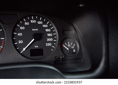 Fuel Pump Icon. Gasoline Gauge Dash Board In Car With Digital Warning Sign Of Run Out Of Fuel Turn On. Low Level Of Fuel Show On Speedometer Dashboard.