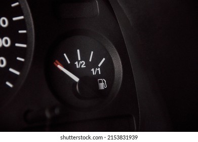 Fuel Pump Icon. Gasoline Gauge Dash Board In Car With Digital Warning Sign Of Run Out Of Fuel Turn On. Low Level Of Fuel Show On Speedometer Dashboard.