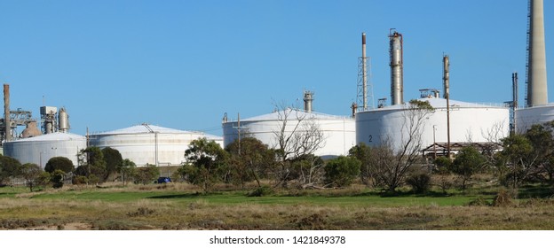 Fuel Storage Tanks Oil Refinery, Geelong Victoria Australia June 11 2019.   Oil refinery owned by Viva Energy Australia.   One of few in southern hemisphere producing Avgas for piston engine planes